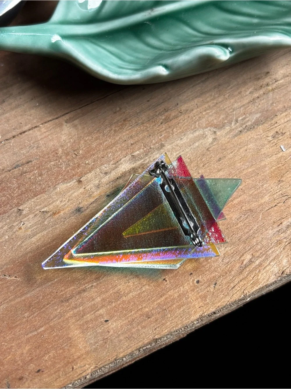 Vintage Iridescent Geometric Glass Accent - Aqua and Rainbow Hues Brooch